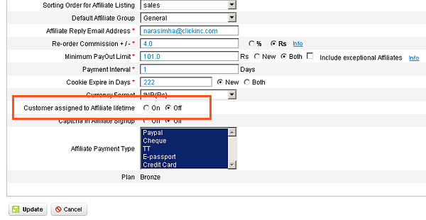 Customer assigned to Affiliate lifetime